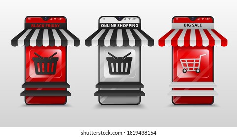 Online store concept on smartphone with striped awning. Isolated on white background