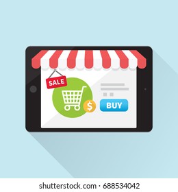 Online store concept on tablet screen with striped awning