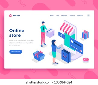 Online store concept, people interact with mobile phone. Landing page template. 3d isometric vector illustration.