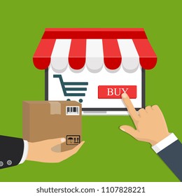 Online store concept. Sale, smart phone with awning. Order olline. Vector illustration