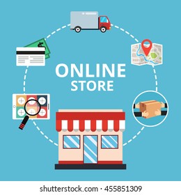 Online store concept. Set icons. Flat vector illustration.