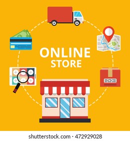 Online store concept. Set icons. Flat vector illustration.
