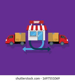 online store concept - shop and two delivery car with arrows.Conceptual vector illustration in flat style design.Isolated on background.