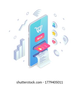 Online store concept. Online shopping Isometric creative design template with smartphone integrated ATM, cart, button, credit card, receipt and icons and graphs around. E-commerce vector illustration.