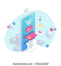 Online store concept. Online shopping Isometric creative abstract design template with smartphone integrated ATM, cart, button, credit card, receipt, icons and coins. E-commerce vector illustration.