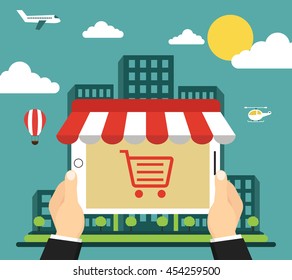 Online store concept. Tablet monitor with awning. City on the background. Flat vector illustration.