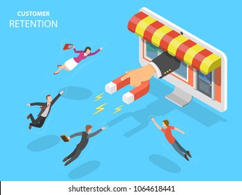 Online store customer retention flat isometric vector concept. Hand with magnet has appeared from the PC monitor attracting people from everywhere.