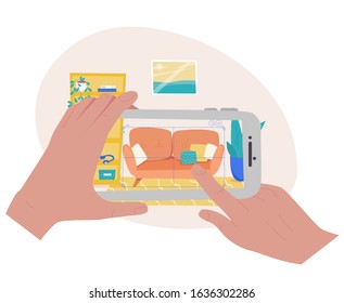 Online store customer uses an augmented reality system in his smartphone to choose a furniture in app. Hands closeup. Technologies for virtual shopping. Vector stock flat illustration.