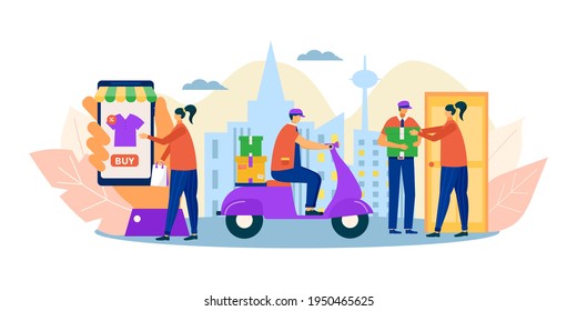 Online store delivery concept, vector illustration. Flat people character work at order service, internet business. Woman buy online, make payment