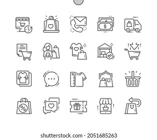 Online store. Delivery, contact, faq, reviews and catalog. Dropshipping. Add to basket. Online shop. Pixel Perfect Vector Thin Line Icons. Simple Minimal Pictogram