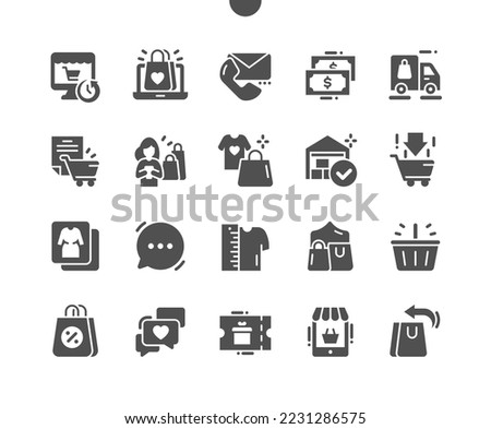 Online store. Delivery, contact, faq, reviews and catalog. Dropshipping. Add to basket. Online shop. Vector Solid Icons. Simple Pictogram