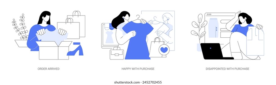 Online store delivery isolated cartoon vector illustrations set. Attractive girl unboxing clothes, order arrived, happy with purchase, trying on clothes, disappointed with wrong size vector cartoon.