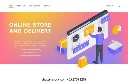 Online store and delivery landing page banner template. Man browsing Internet store website. Male character standing near basket and paper bag and making purchases in online shop
