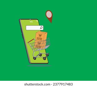 Lieferung von Online-Shops, Paket-Abholung, braunes Karton-Paket, Bezahlkartenanwendung, Online-Shopping-Geschichte