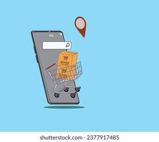 online store delivery, package pickup,brown carton package,purchase cart application, online shopping story