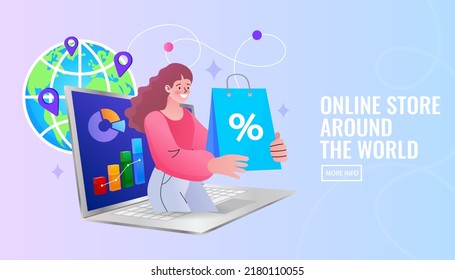 Online store, delivery of purchases to the buyer, discounts and coupons, sales, online store technical support around the world, product reviews. Worldwide ecommerce and trade. Global sale for shopper