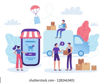 Online store delivery. Web shop retail purchase shiping, goods market purchasing and shopping business. Internet online retail mobile marketing shop website selling vector illustration