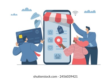 Online store design, Collaboration of partners, website development, Online shopping store concept creation, Business team working on web design development for mobile phone screens. Vector design.