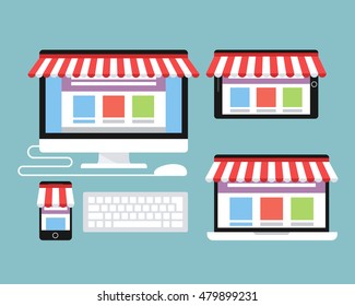Online store. Desktop computer , laptop, tablet and smart phone with awning