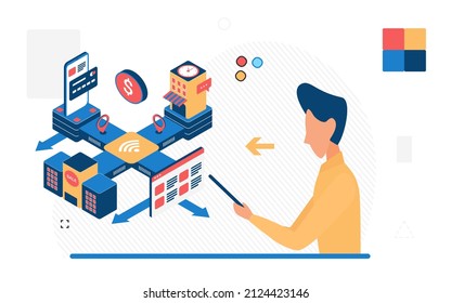 Tecnologías de distribución de tiendas en línea, administración de sistemas de entrega. Centro de ordenación automatizado, proceso de cumplimiento, ilustración vectorial