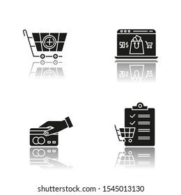Online store drop shadow black glyph icons set. Payment by credit card, writing shopping list. Choosing and adding goods to basket. Internet shopping, online store app. Isolated vector illustrations