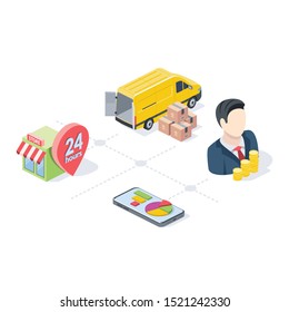 Online Store e-commerce Delivery. Vector 3d isometric, color web icon, new flat style. Creative illustration design, idea for infographics.