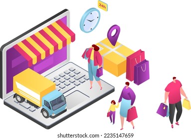 Online store e-commerce landing page, vector illustration. Sale, customer order, online shop isometric package sell, paying on screen.