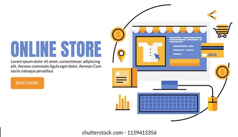 Online store, eCommerce marketing, buying online products flat line vector banner with icons and texts