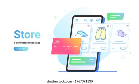 Aplicación móvil de comercio electrónico de tienda en línea. Ilustración vectorial de línea plana de la pantalla de smartphone tienda electrónica en línea con bienes y tarjeta bancaria para pago. Iconos de línea de tarjetas de crédito y artículos de compras en fondo blanco