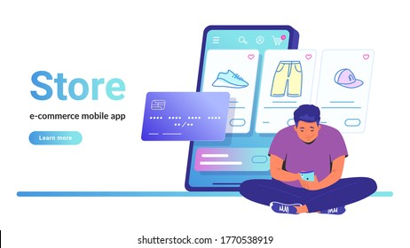 Online store e-commerce mobile app. Flat line vector illustration of cute man sitting alone in lotus pose with smartphone and shopping online. Credit card and shop items line icons on white background