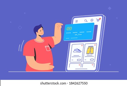 Online store e-commerce mobile app. Flat line vector illustration of cute man standing alone and pointing to big smartphone with credit card and shop items. Shopping online via mobile ecommerce apps