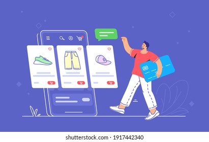 Online store e-commerce mobile app usage by consumer. Flat line vector illustration of young man holding blue credit card going to the online e-store web page with goods placed on smartphone screen