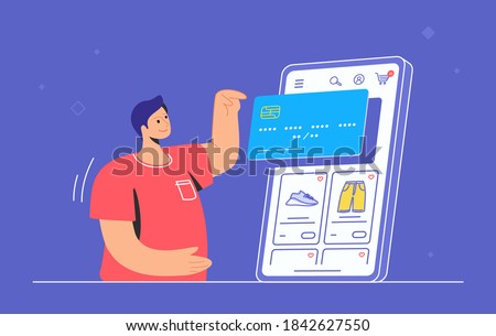 Online store e-commerce mobile app. Flat line vector illustration of cute man standing alone and pointing to big smartphone with credit card and shop items. Shopping online via mobile ecommerce apps