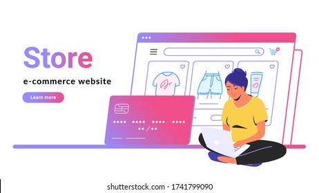 Online store e-commerce website banner. Flat line vector illustration of cute woman sitting alone in lotus pose with laptop and shopping online. Credit card and web page line icon on white background