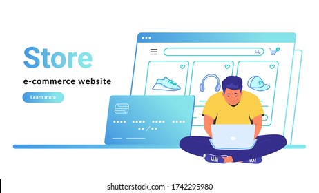 Online store e-commerce website banner. Flat line vector illustration of cute man sitting alone in lotus pose with laptop and shopping online. Credit card and web page line icon on white background