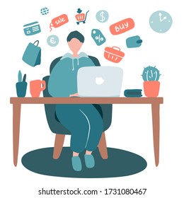Tienda online, comercio electrónico. Joven comprando productos a través de Internet, sentado en una laptop. Ilustración plana del vector