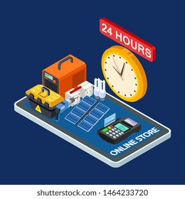 Online store of electrical goods and tools isometric vector concept. Illustration of electricity power energy, electric online shop