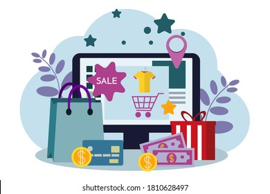 Online store, Eshop, Internet selling, Online marketing. Flat design modern vector illustration concept. EPS