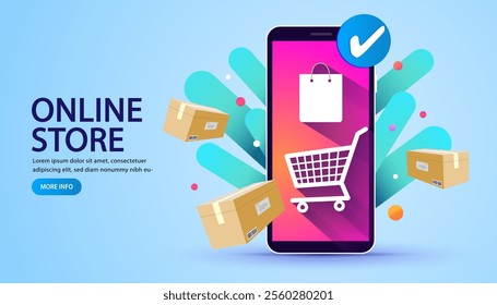 Online store and fast shipping concept. An order is confirmed with a check mark on a smartphone, and packages are dispatched for delivery. Vector for e-commerce and mobile shopping.