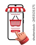 Online store. The finger presses the "add to cart" button. Vector 3D illustration isolated on white background.
