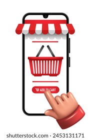 Online store. The finger presses the "add to cart" button. Vector 3D illustration isolated on white background.