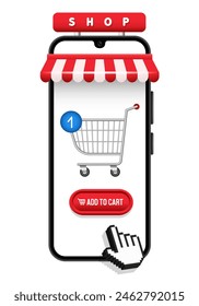 Online store. The finger presses the "add to cart" button. Vector 3D illustration isolated on white background.