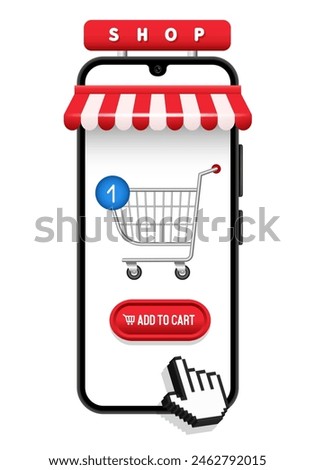 Online store. The finger presses the "add to cart" button. Vector 3D illustration isolated on white background.