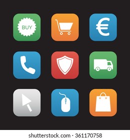 Online store flat design icons set. Web shop application interface. Business and marketing. Shopping bag and delivery van. Euro sign and buy badge. Security shield and mouse click symbols.Vector 