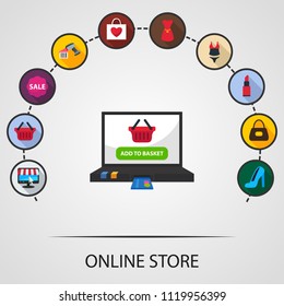 Online store flat icons concept. Vector illustration. Element template for design.