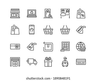 Online store flat line icon set. Vector illustration included symbols. online shopping, contactless delivery, try clothes, size table, label and purchase returns. Editable strokes.