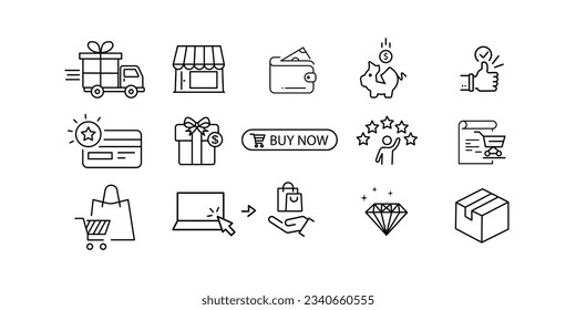Online store flat line icon set. Vector illustration included symbols. online shopping, contactless delivery, try clothes, size table, label and purchase returns. Editable strokes.