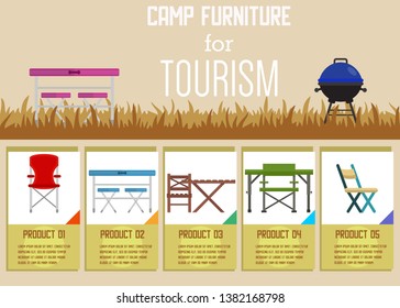 Online Store Flat Vector Advertising Banner Touristic Camp Equipment Furniture Accessories Products Description Cards Illustration Set Comfortable Tables Folding Chairs Different Models for Leisure