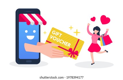 An online store gives a gift voucher card to a woman who buys products. The creative business concept of treating or rewarding customers. Simple trendy cute cartoon vector illustration. Flat style.