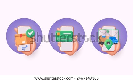 Online Store Guide Collection. Online delivery phone concept. Fast respond delivery package shipping on mobile. 3D web Vector Illustrations.